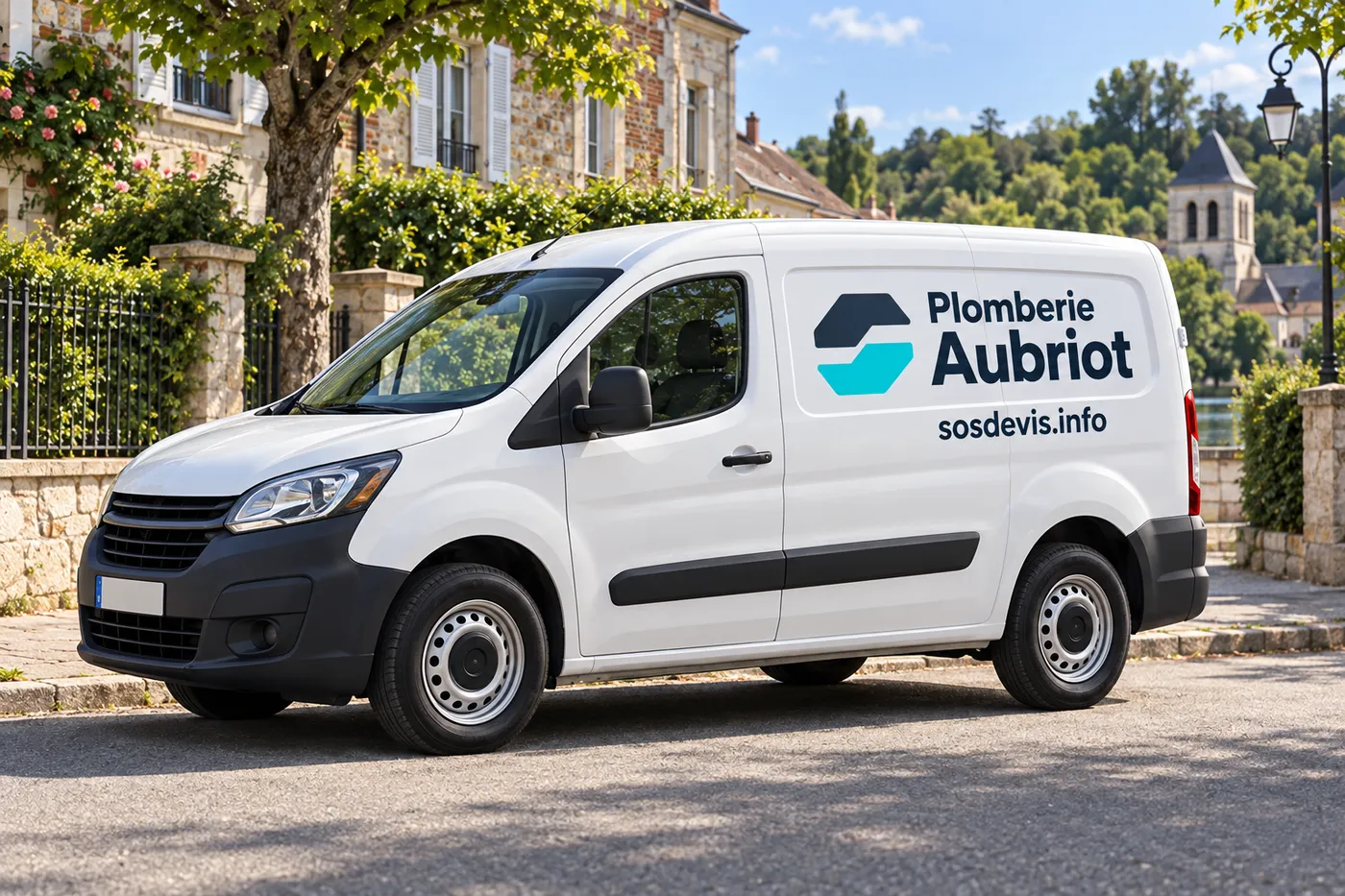 Camionnette Plomberie Aubriot stationnée dans une rue résidentielle de L'Isle-Adam